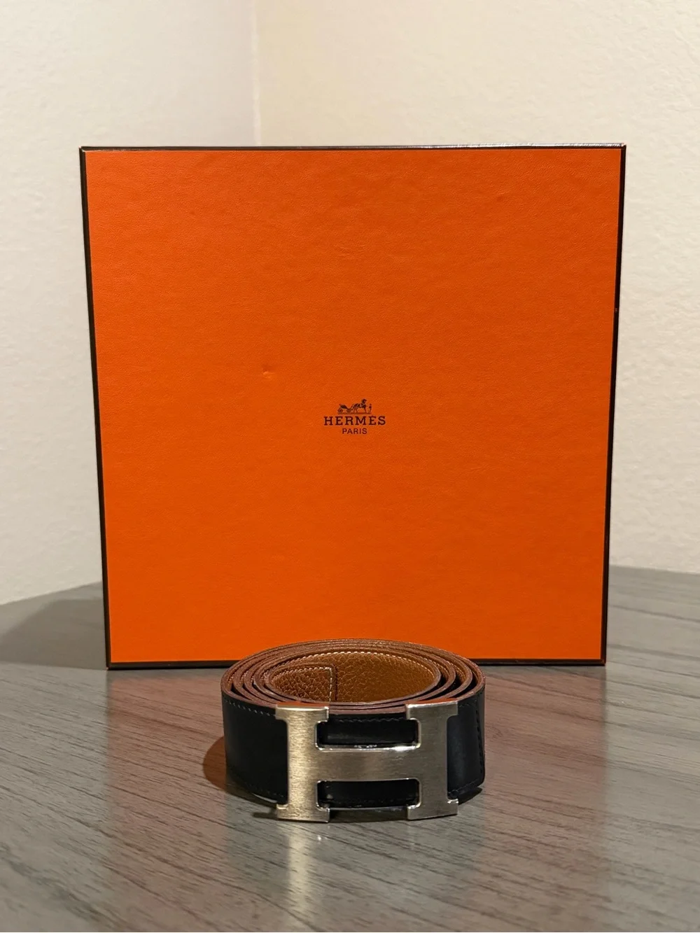 HERMÈS Men's Reversible Dress Belt Black/Brown Silver H Logo Buckle (Size 105)